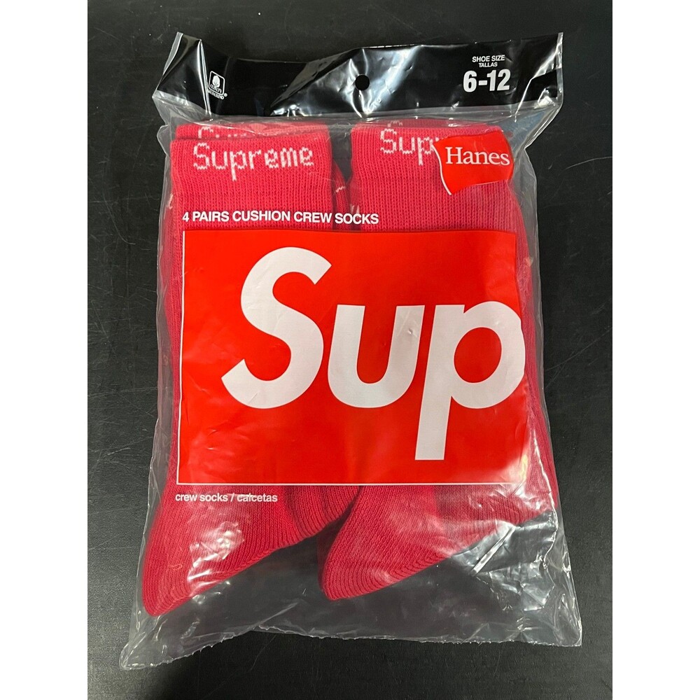 Supreme x Hanes Socks 4 Pack Red Mens Size 6-12 Crew Socks Brand New
